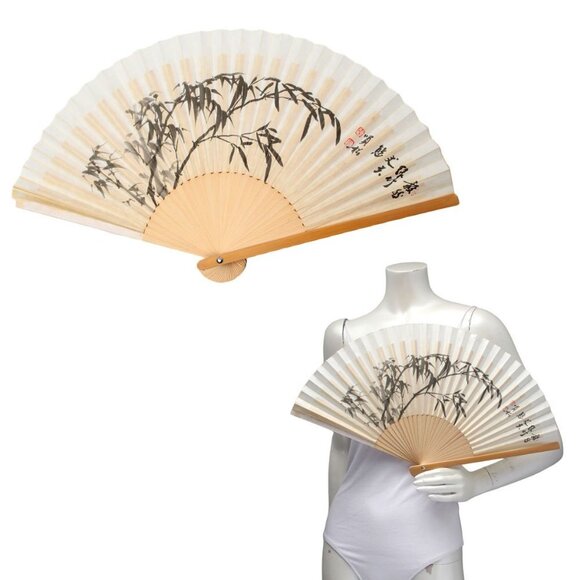 Vintage Japanese Bamboo Folding Hand Fan Paper Wood Watercolour Paint Cream Tan - Picture 11 of 11